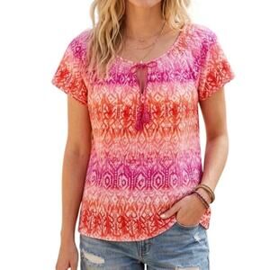 Lauren Ralph Lauren Peasant Top Womens Size XL Orange Pink Tribal Boho Knit